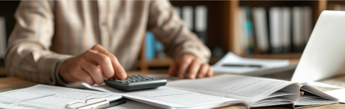 Man using a calculator at a busy desk